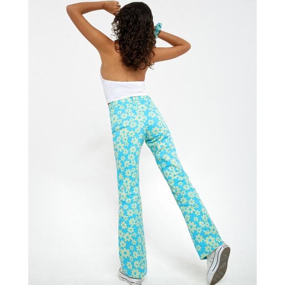 Motel Zoven Blue & Green Retro Daisy Print Flared Trousers Size M - Picture 11 of 11